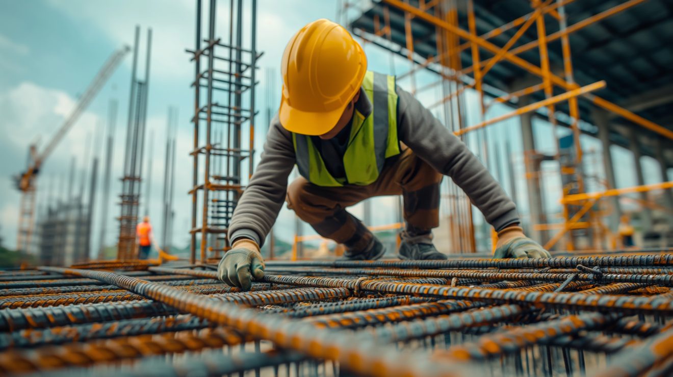 An AI-generated image of a person laying metal rods on a construction site