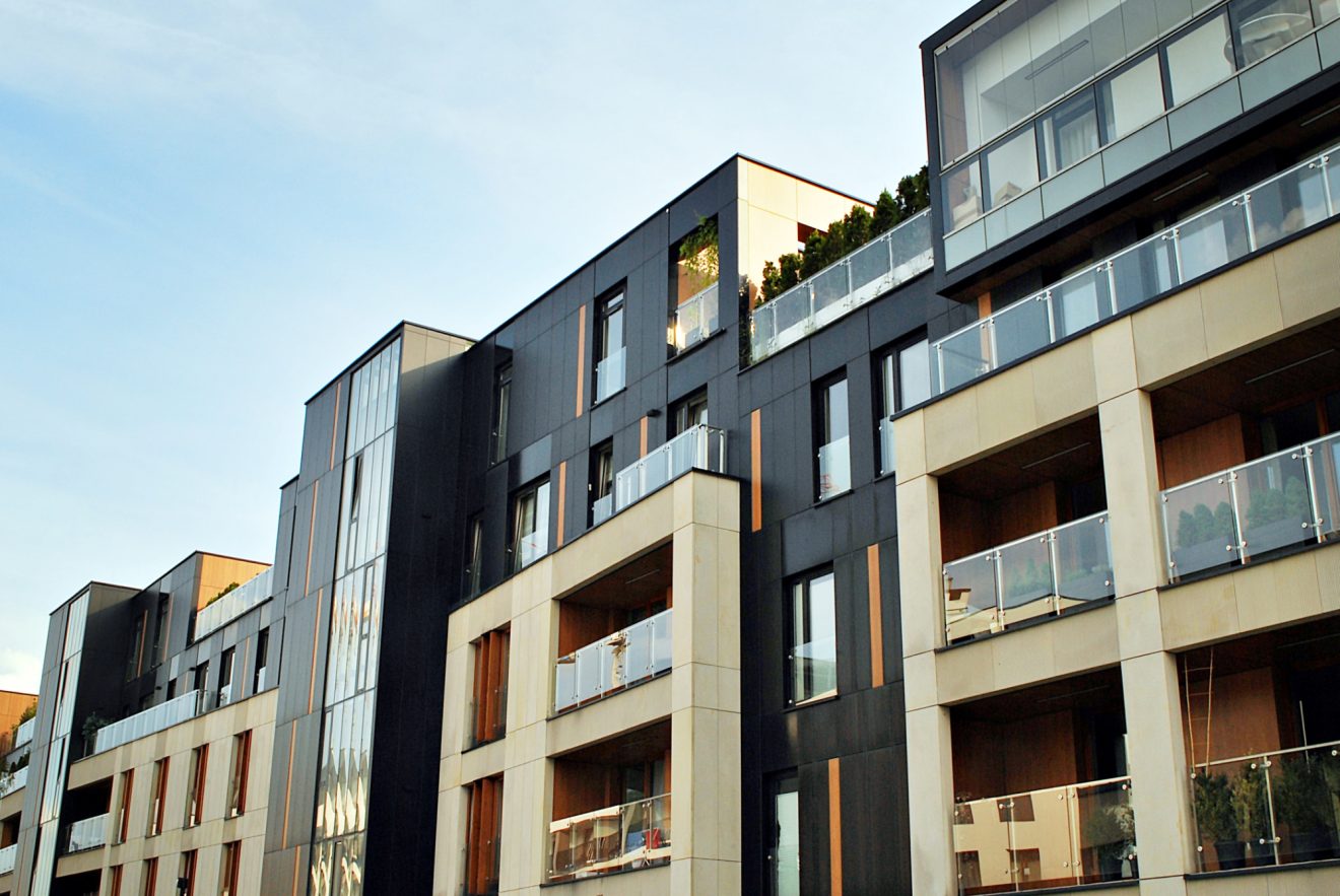 An exterior view of a modern office or apartment complex