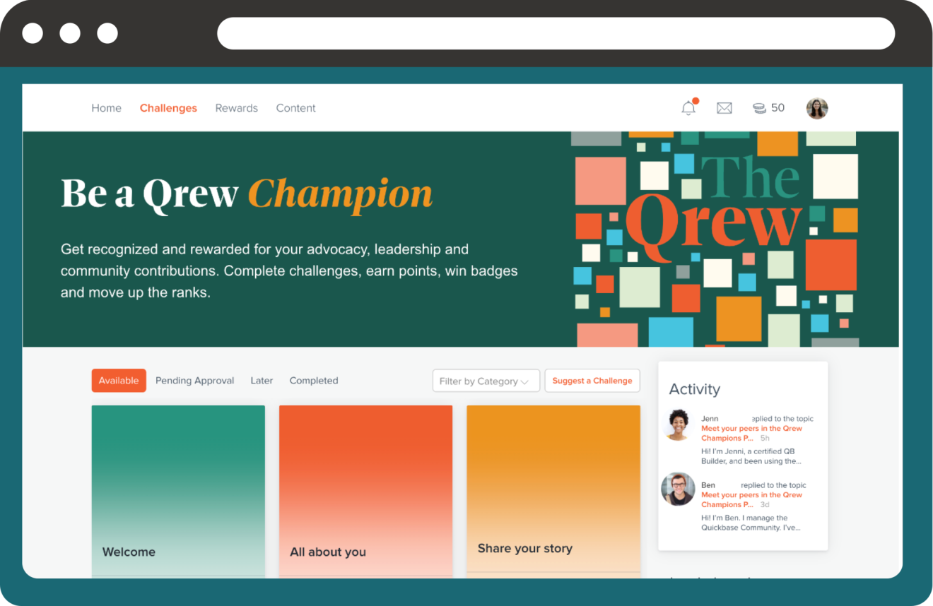 A screenshot of the Qrew Champions homepage on the Influitive platform