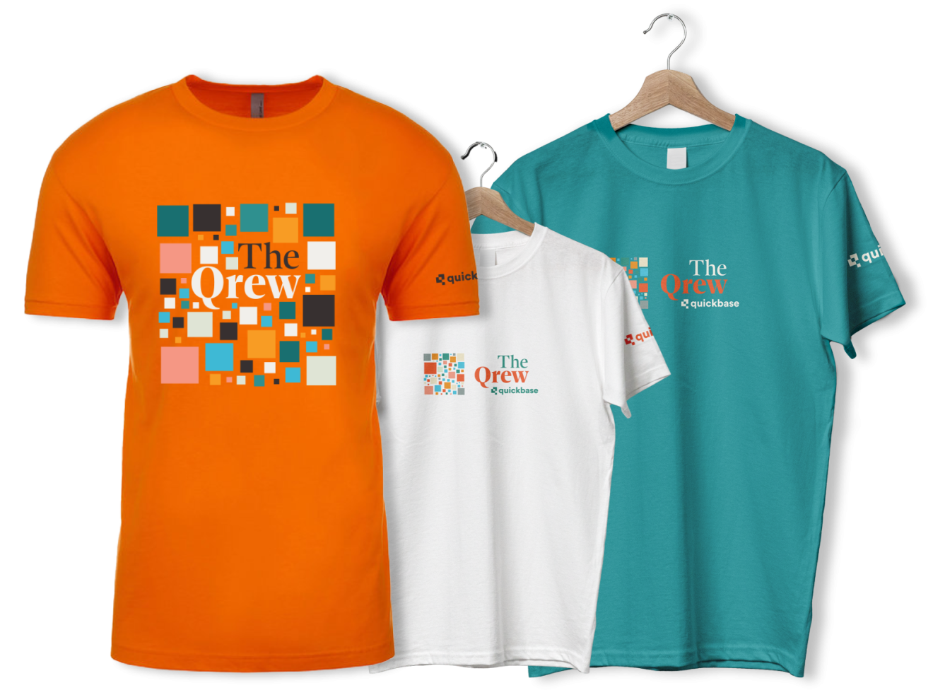Three t-shirts with Qrew branding