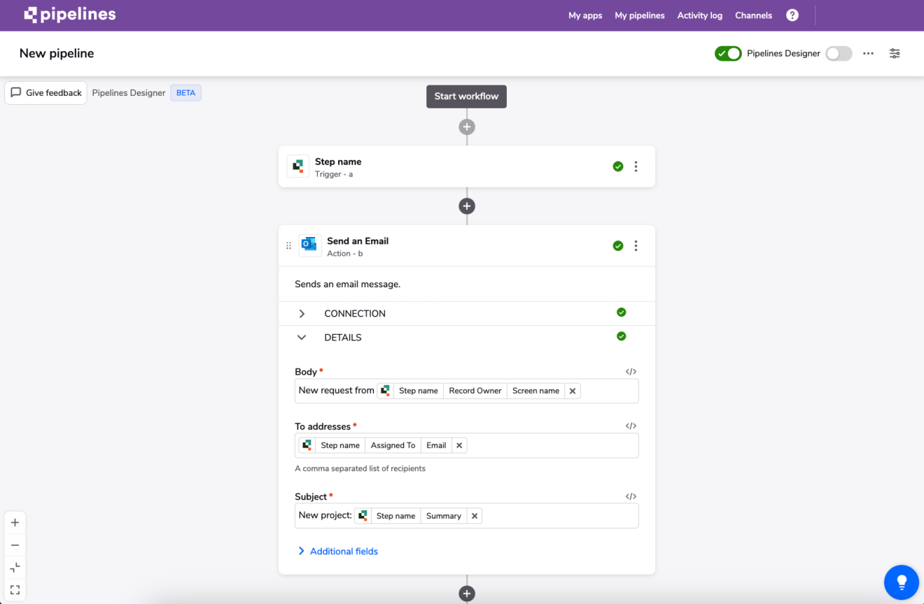 A screenshot of the adaptability of Quickbase's Pipelines Designer
