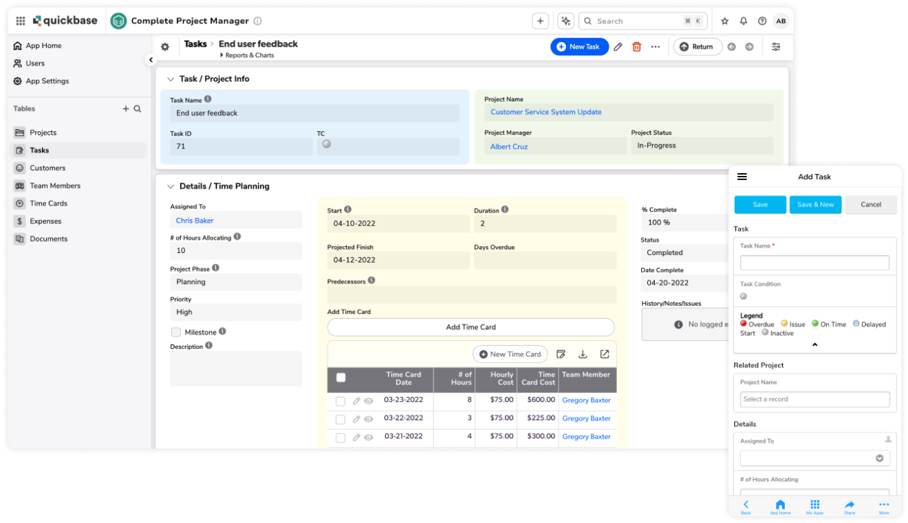 Complete project manager tasks desktop and add task mobile layered screenshots