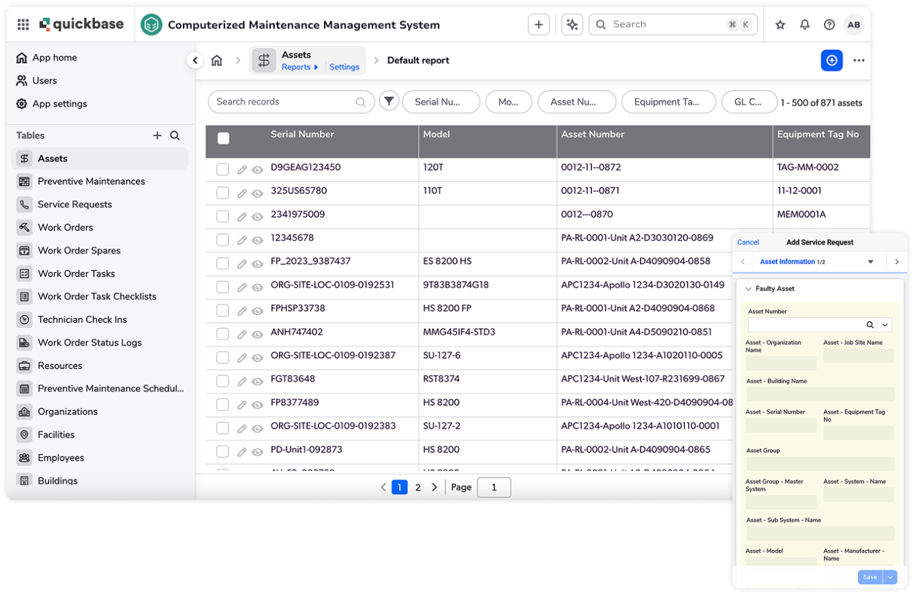 Computerized maintenance management system assets and mobile add service request layered product screenshots