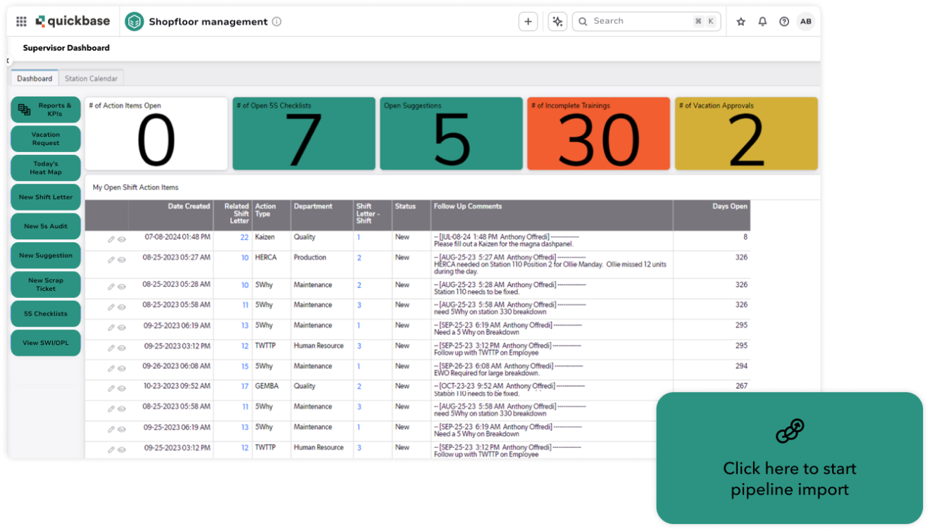 Product screenshots layered shopfloor management dashboard desktop and import pipeline button