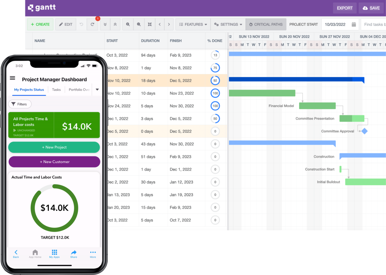 A screenshot of mobile dashboards next to a screenshot of the Quickbase Gantt chart
