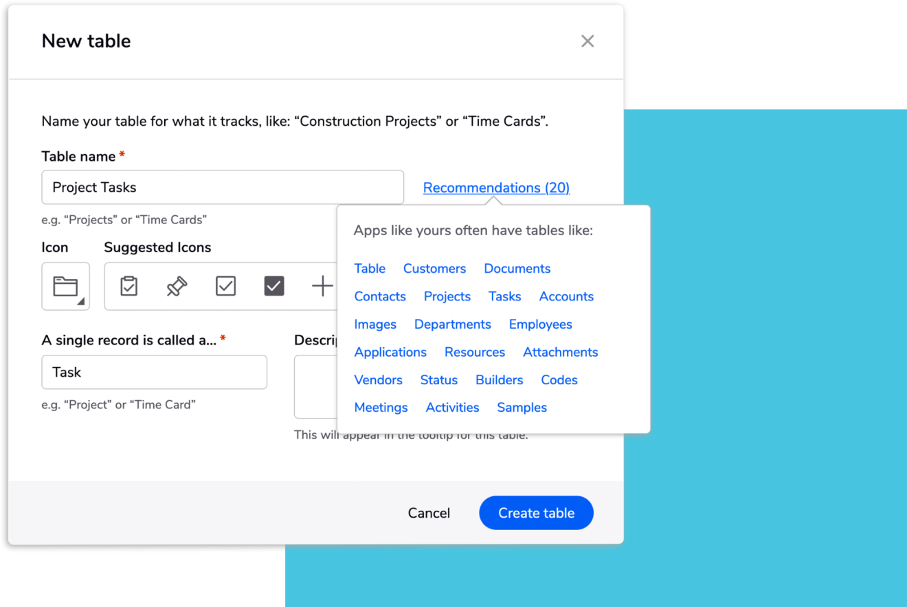 A screenshot of the table suggestions in Quickbase's Smart Builder